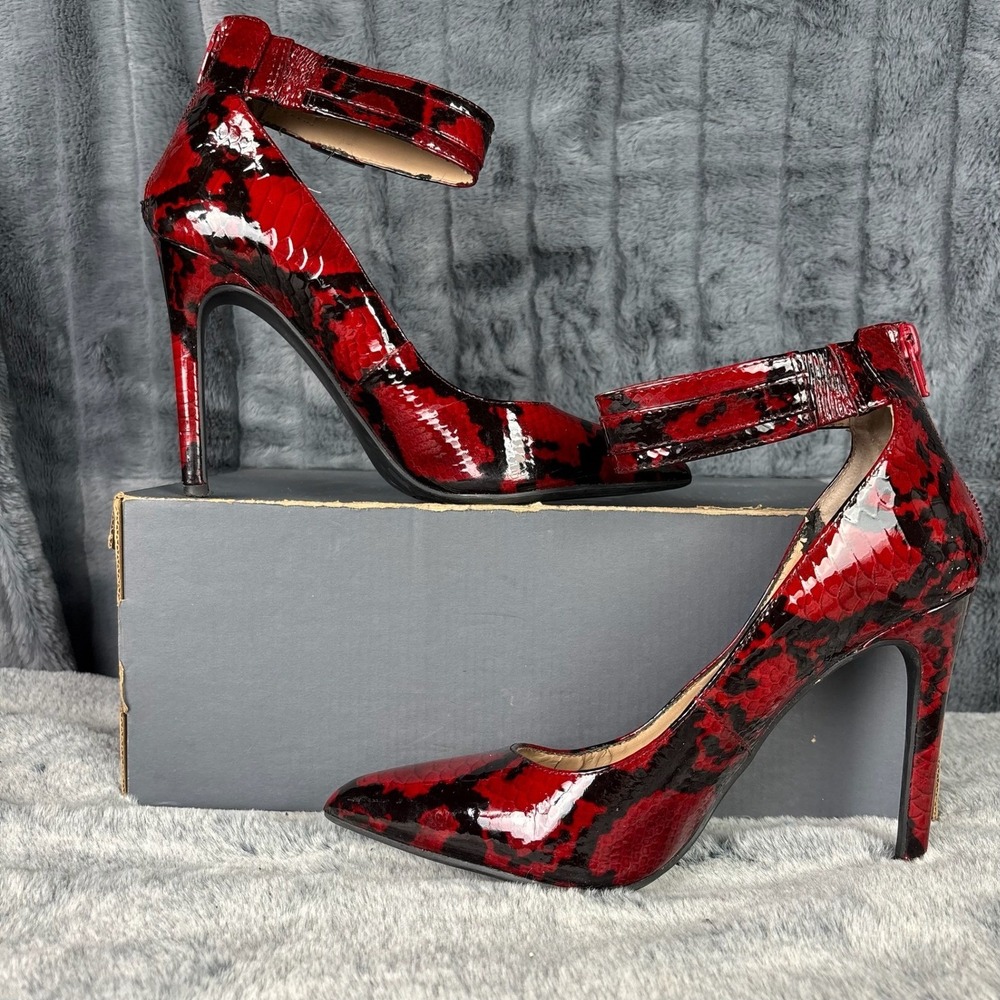 Gianni Bini Red Black Snakeskin Patent Ankle Strap Pumps Heels Womens 9M